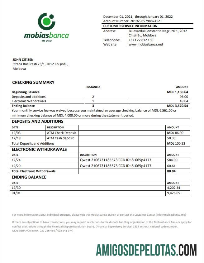 Exemplo de extrato bancário da Moldávia Mobiasbanca